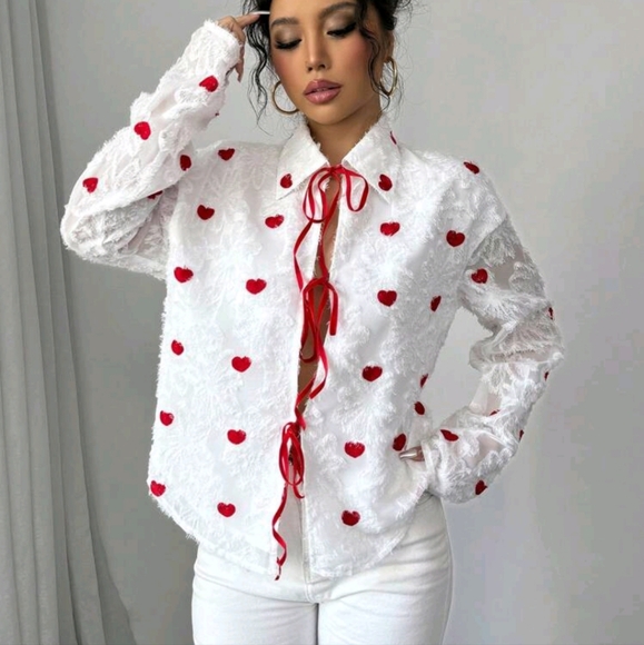 Valentine's Day Heart Cutout Tie Front Women Blouse, Red - Picture 3 of 4